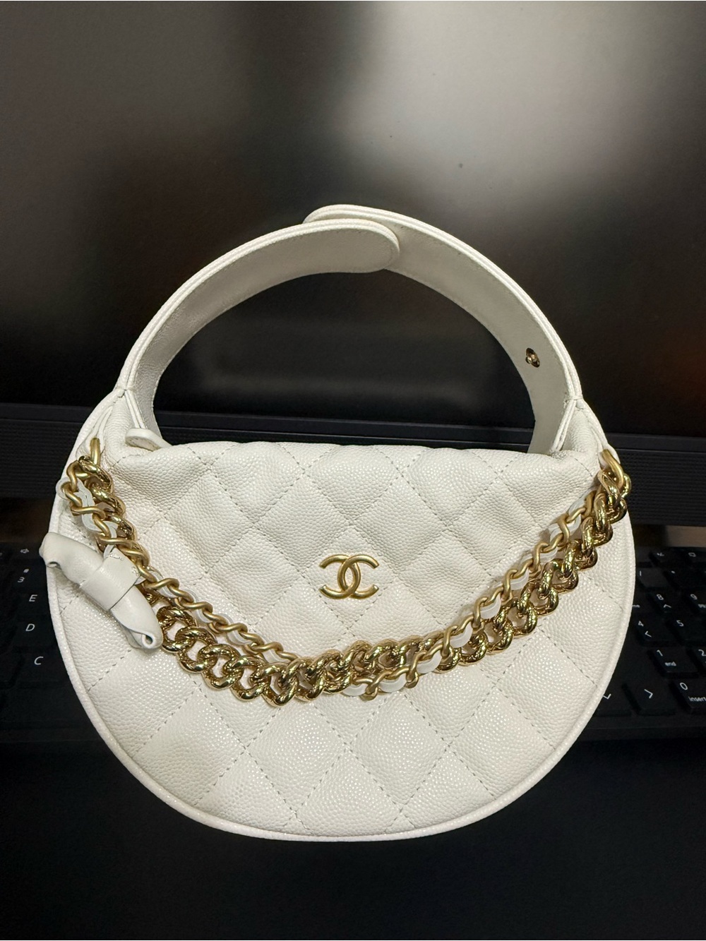 CHANEL White Quilted Crescent Top-Handle Bag with Gold Chain